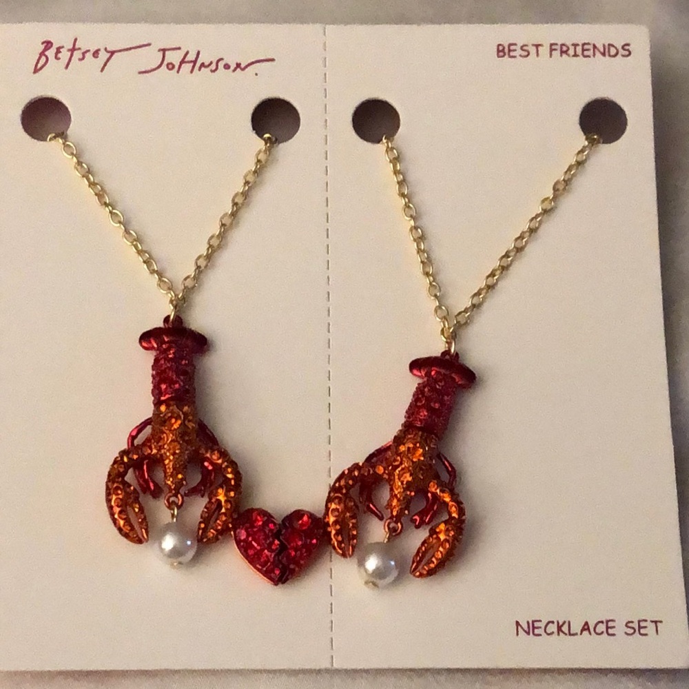 Betsey Johnson Best Friends Gold Tone & Red Lobster & Heart Necklace Set NWT